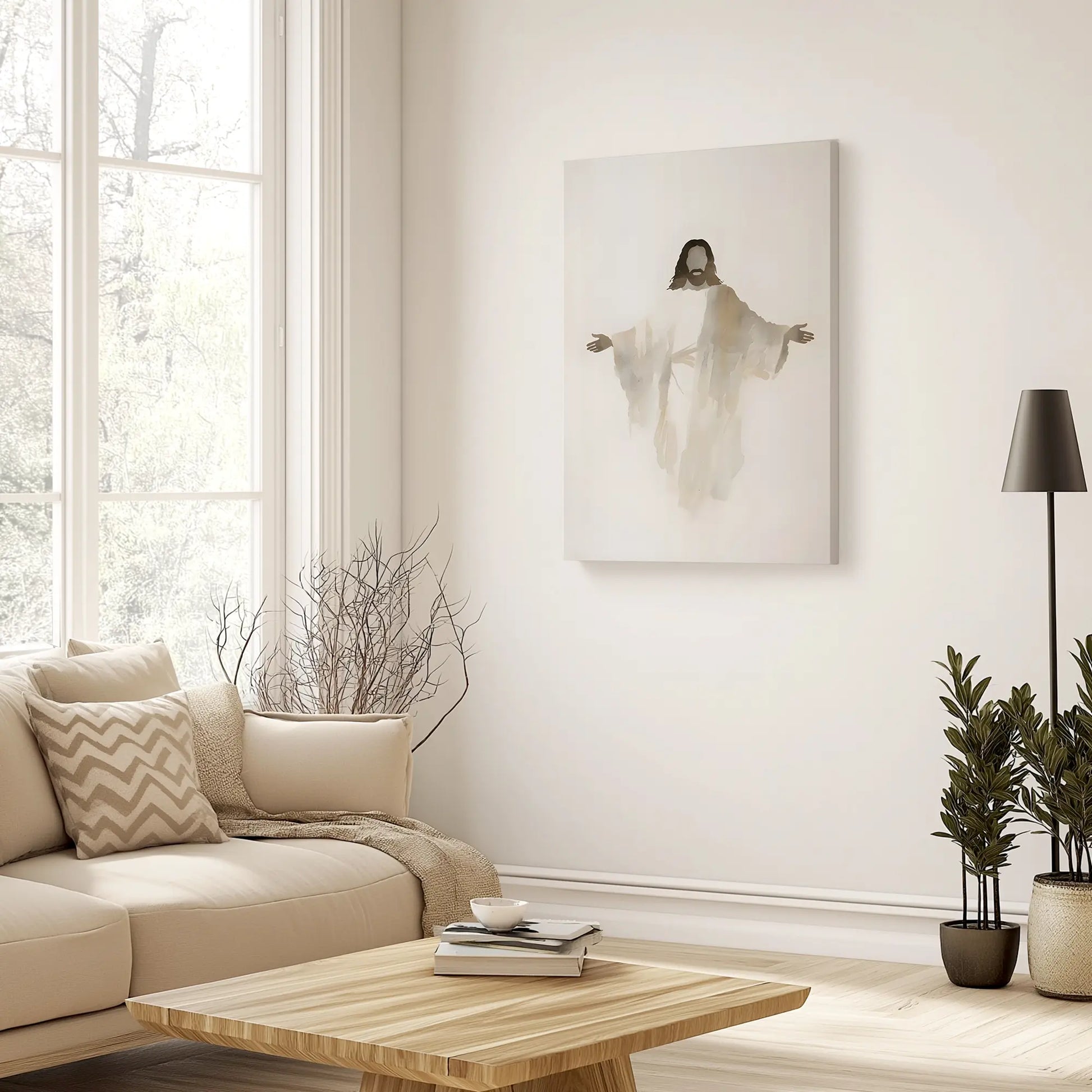 Elegant watercolor art print of Jesus hanging in a cozy living room, inspiring warmth and faith in the space with its soft colors and serene design.