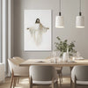 Vertical Christian wall art featuring a vibrant watercolor portrayal of Jesus in a minimalist modern dining room, complementing the neutral color palette with inspirational decor.