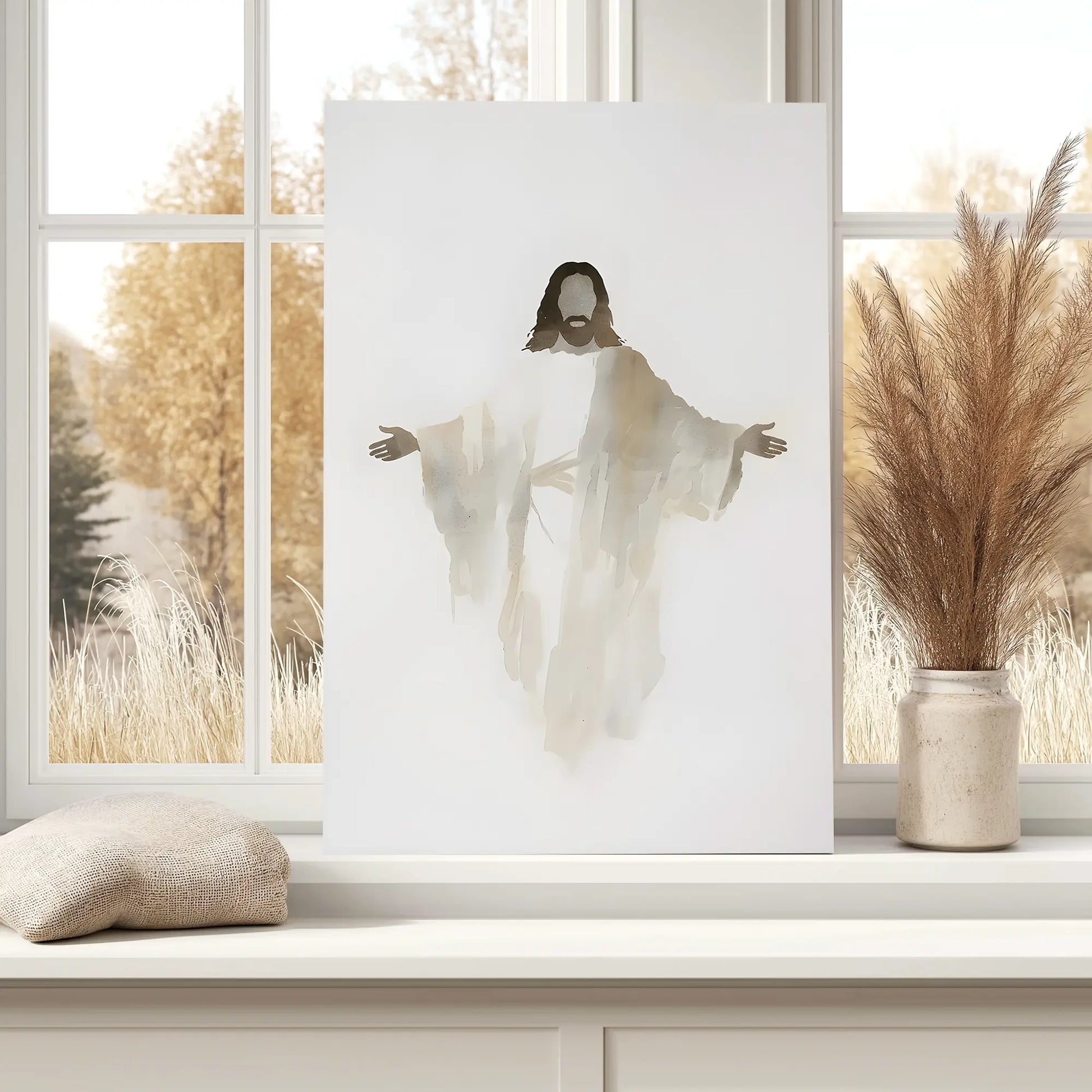 Biblical watercolor art print of Jesus placed against a bedroom window, bringing inspiration and tranquility to the home decor through its gentle hues.