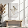 Religious watercolor art print of Jesus displayed above a rustic bench, enhancing the minimalist Christian decor with a touch of grace.