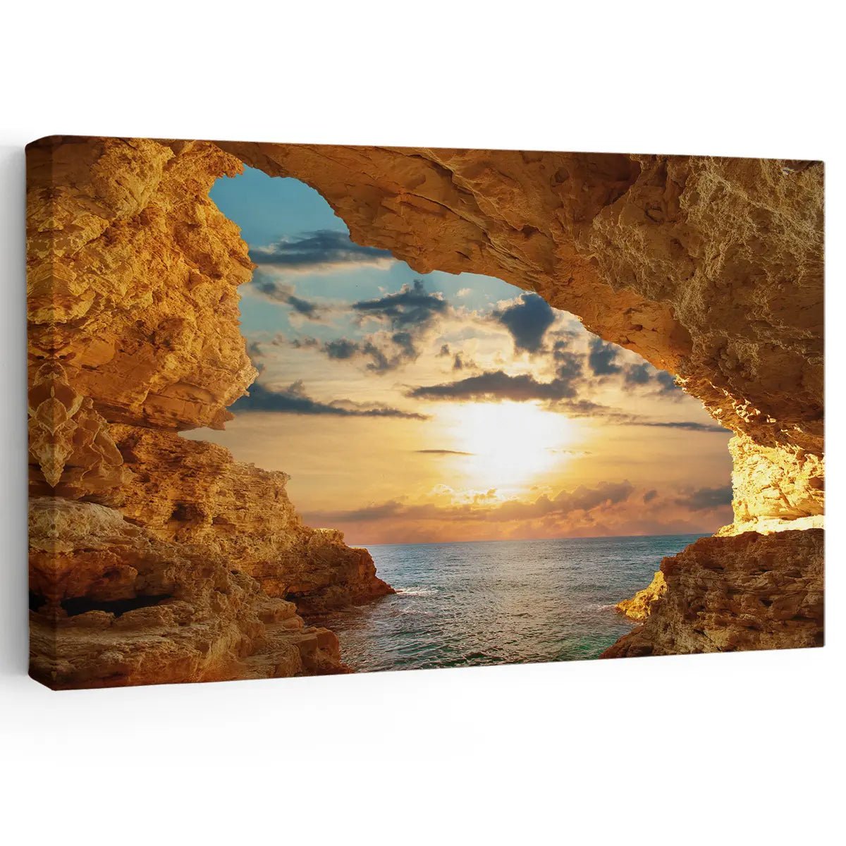 Large coastal canvas wall art featuring a golden sunset over the ocean.