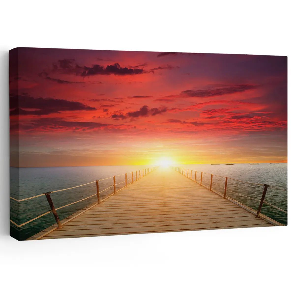 Wall art for beach house featuring a wooden dock extending into a glowing sunset.