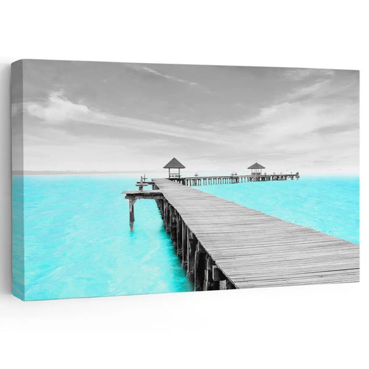 Beach wall art canvas featuring a wooden pier extending into the ocean, perfect for beach house wall art.