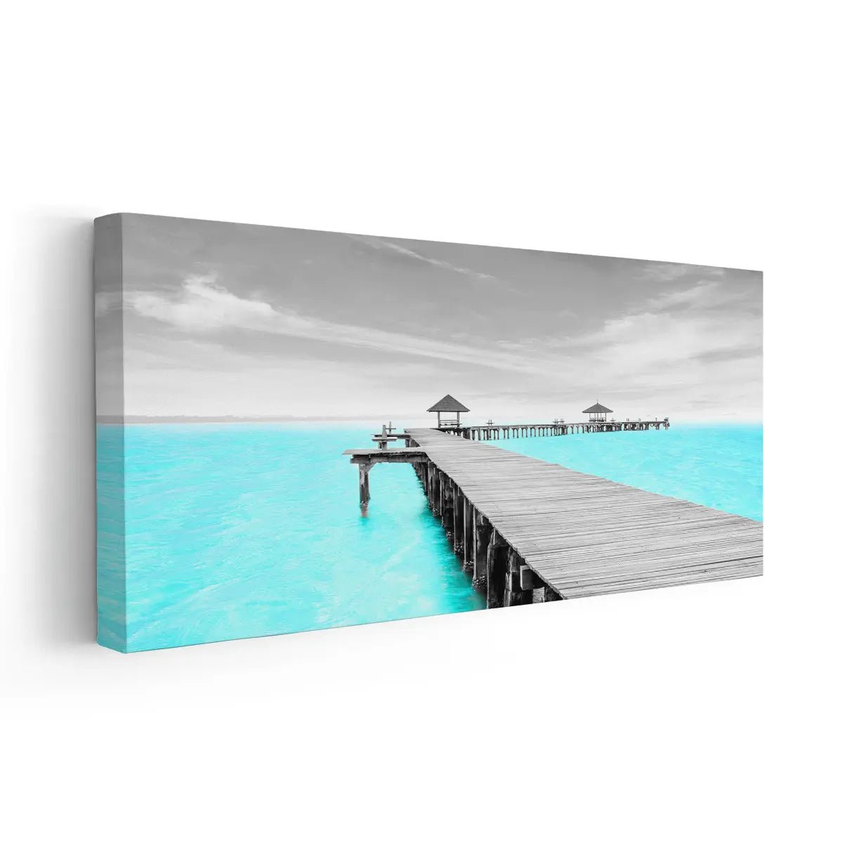 Beach themed wall art featuring a wooden pier over crystal waters, a great choice for nautical bedroom decor.