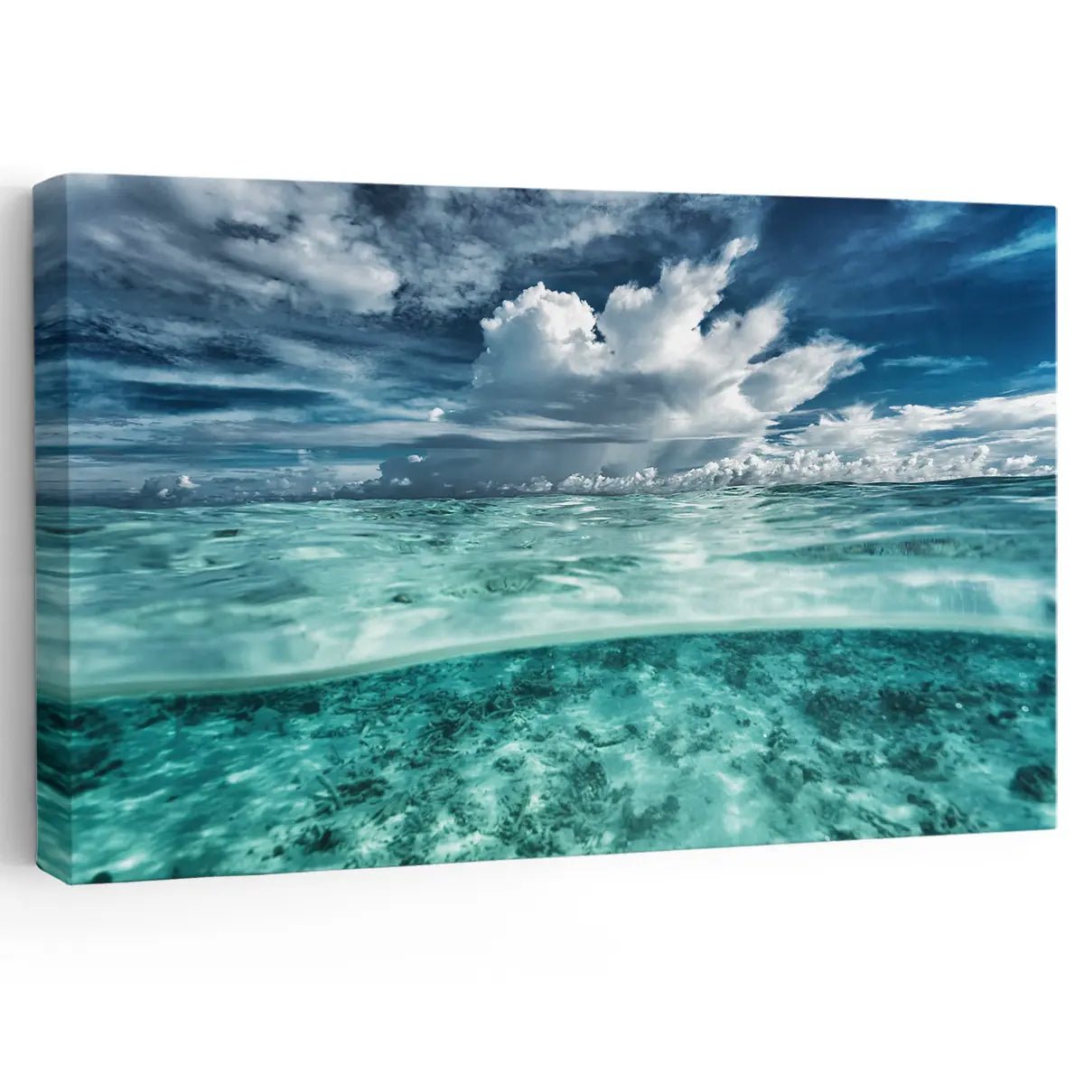 Blue ocean artwork with clear water and dramatic clouds, perfect for coastal wall art decor.