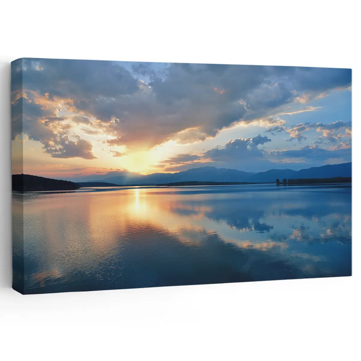 Sunset canvas wall art with golden reflections on calm ocean water for coastal decor.