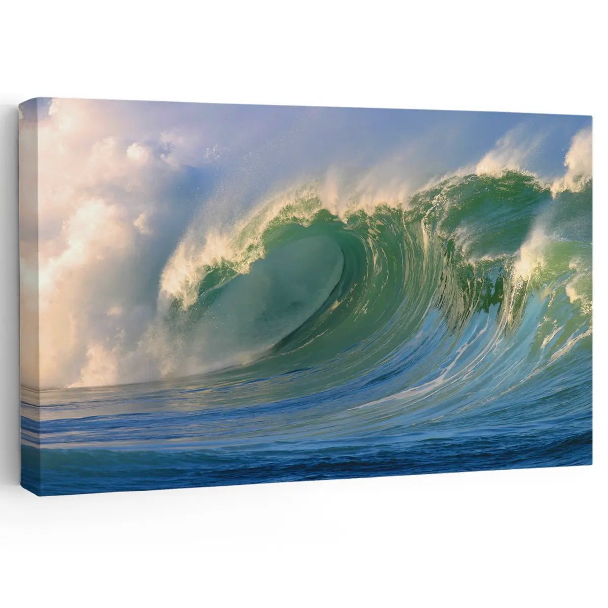 Framed ocean wall art displaying deep blue waters and sea spray.