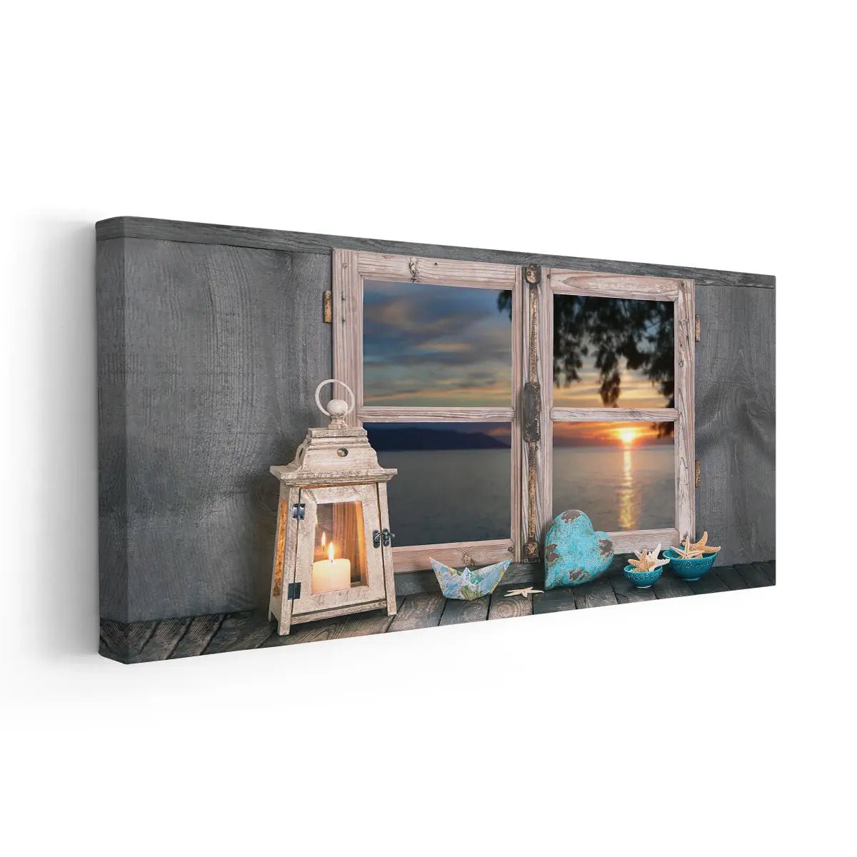 Seaside themed decor featuring a cozy lantern and heart-shaped coastal accents.