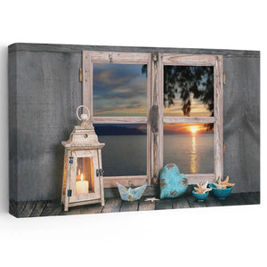 Beach themed wall decor featuring a rustic window overlooking an ocean sunset.