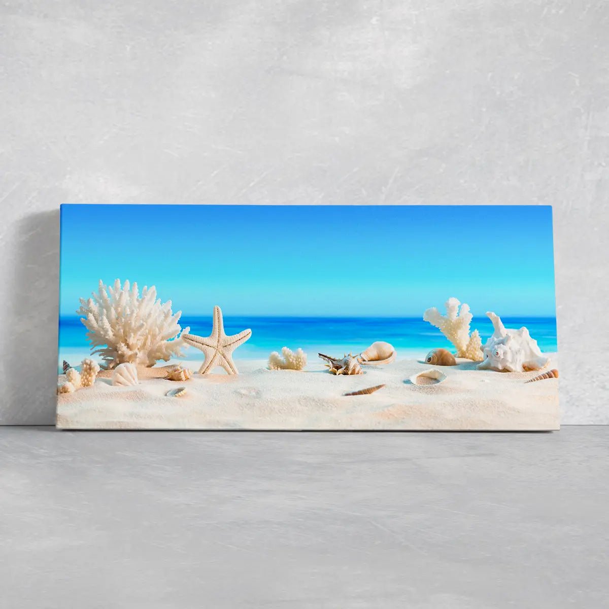 Large beach wall art with a detailed close-up of starfish and shells on a sunlit shoreline.