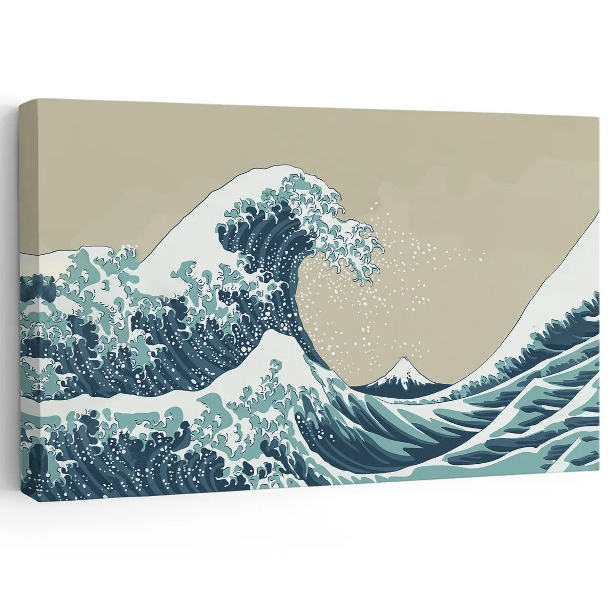 Japanese ocean artwork featuring a famous wave-inspired design in blue and beige.