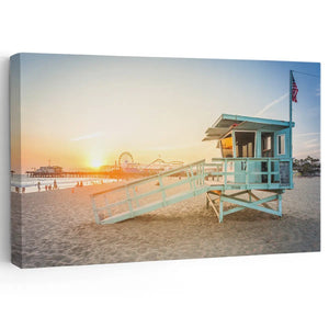 Beach lifeguard tower wall art with a coastal sunset in Santa Monica.