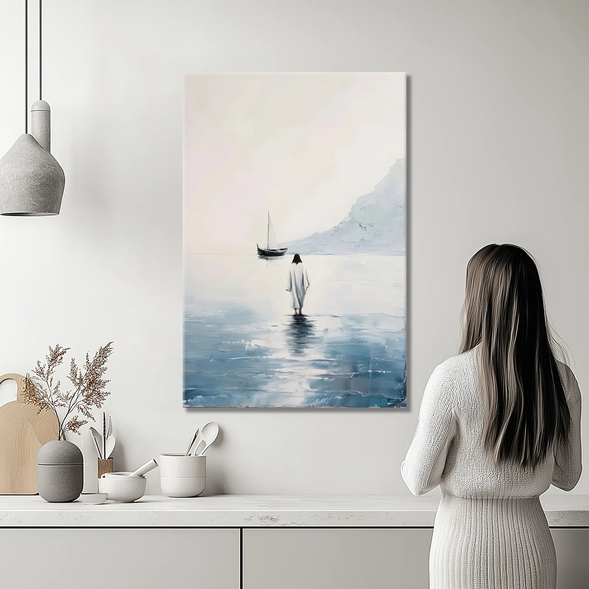 Christian art print of Jesus walking on water displayed in a kitchen, inspiring faith and serenity in a warm, inviting space.