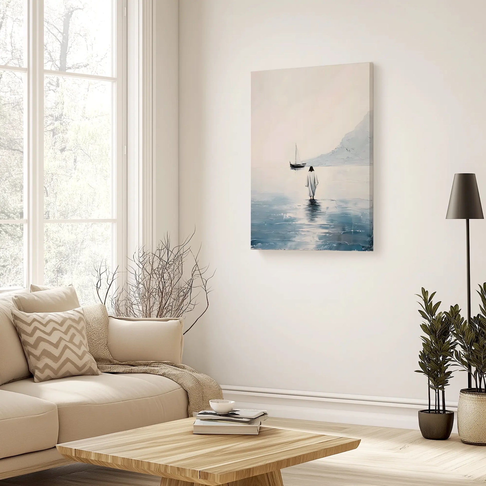 Beautiful canvas art of Jesus walking on water hanging in a cozy living room, instilling peace and encouraging conversations of faith.