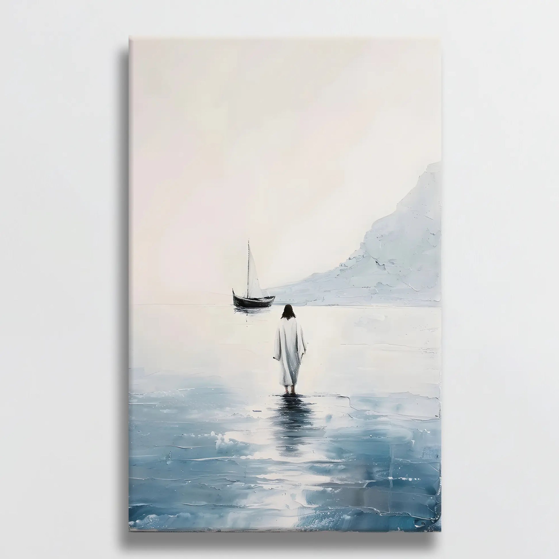 Christian wall decor featuring Jesus walking on water hung on a white wall, adding a touch of faith and serenity to the room.