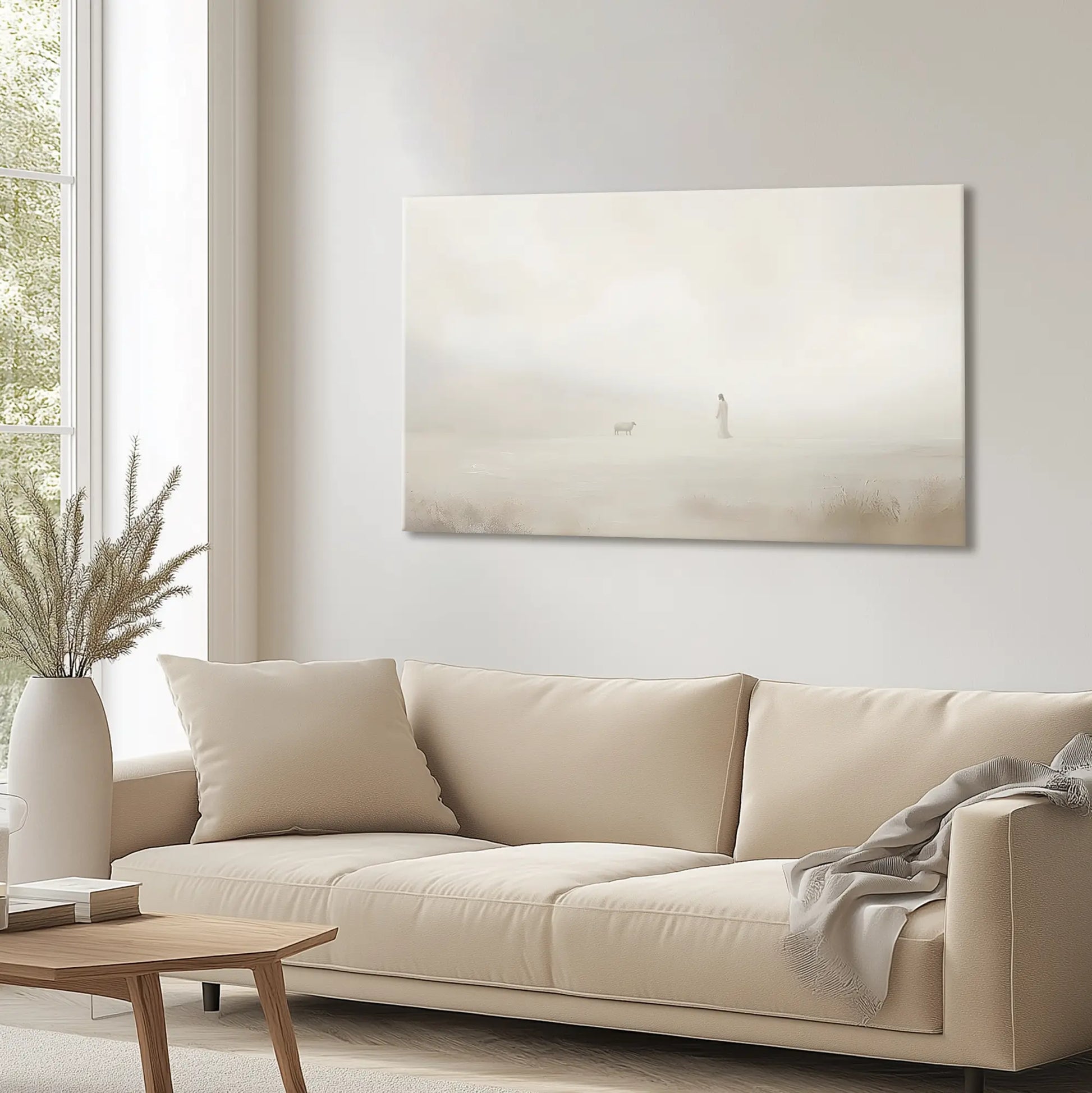 Catholic Art Print of Jesus and the lost lamb painting hanging in a cozy living room, inspiring warmth and faith in the space with elegant decor.
