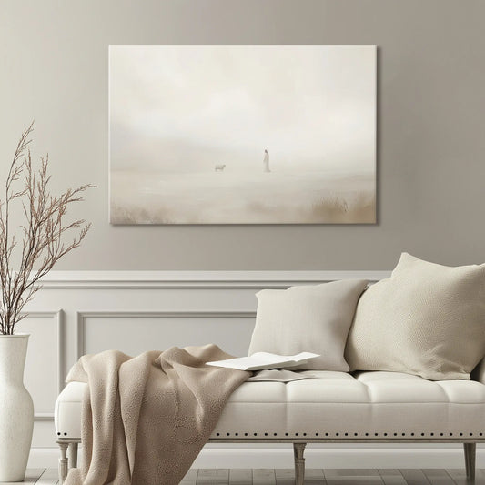 Serene Christian wall art of Jesus leaves the 99 painting in a neutral-toned living room 
