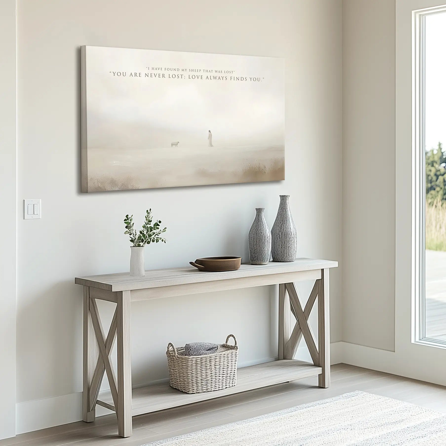 Modern Christian art of Jesus Leaves the 99 artwork in a minimalist entryway above a neutral console table, enhancing the welcoming ambiance.
