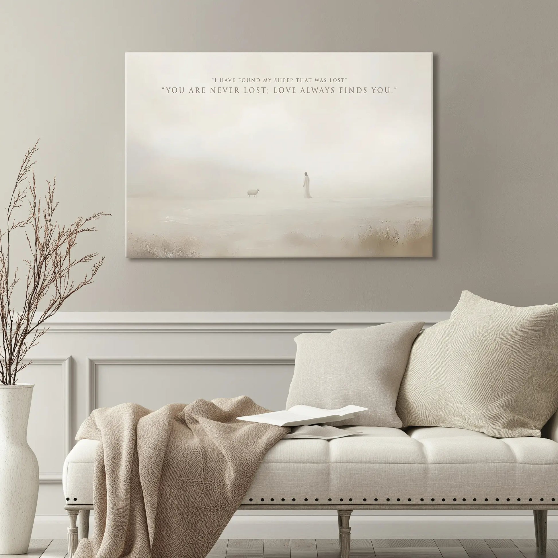 Catholic Art Print of Jesus and the lost lamb painting hanging in a cozy living room, inspiring warmth and faith in the space with elegant decor.
