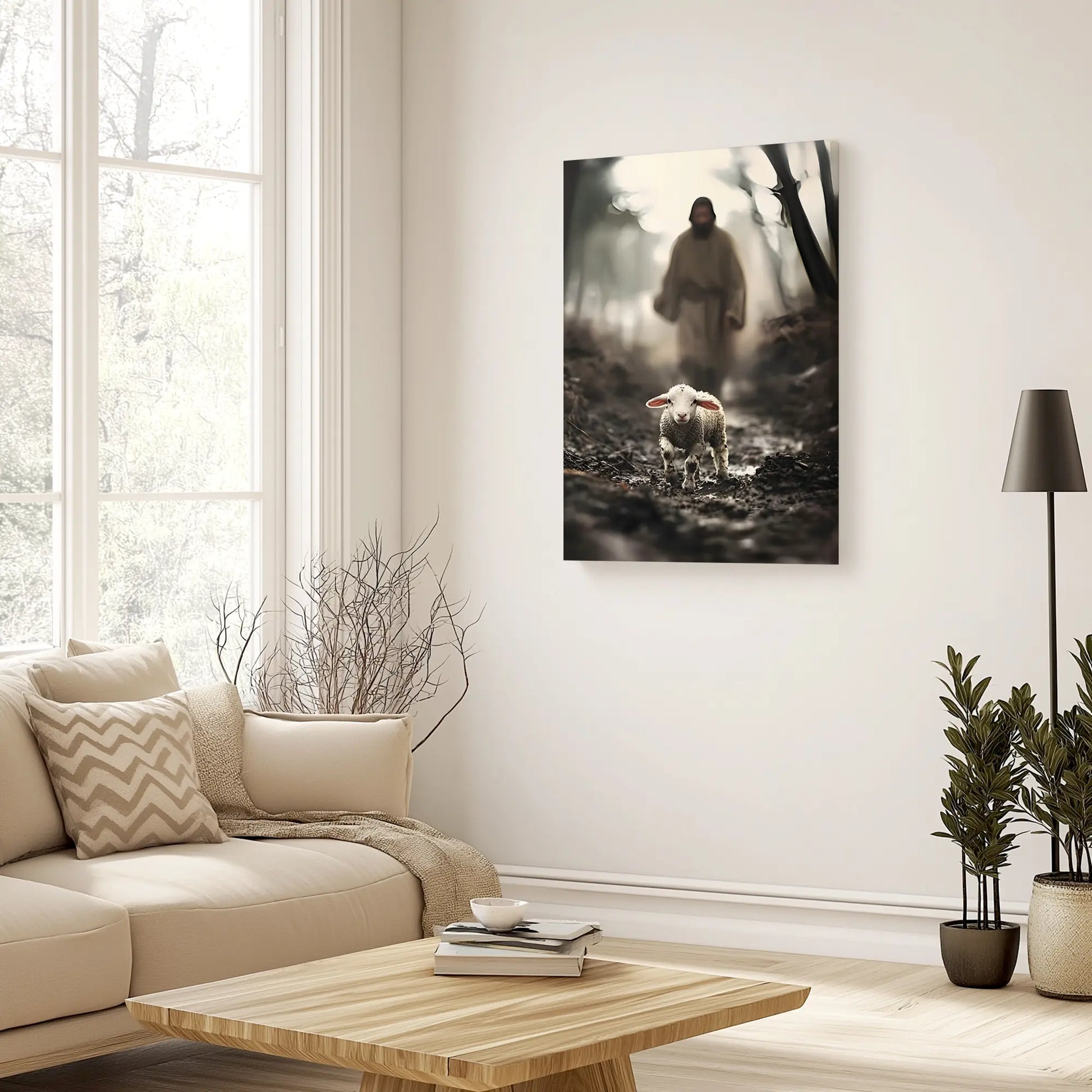 Beautiful Jesus chasing lost lamb framed art, religious canvas print, Christian home decor.