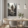 Vertical Christian wall art of Jesus running after a lost lamb in a modern dining room, adding Christian inspiration to neutral decor.