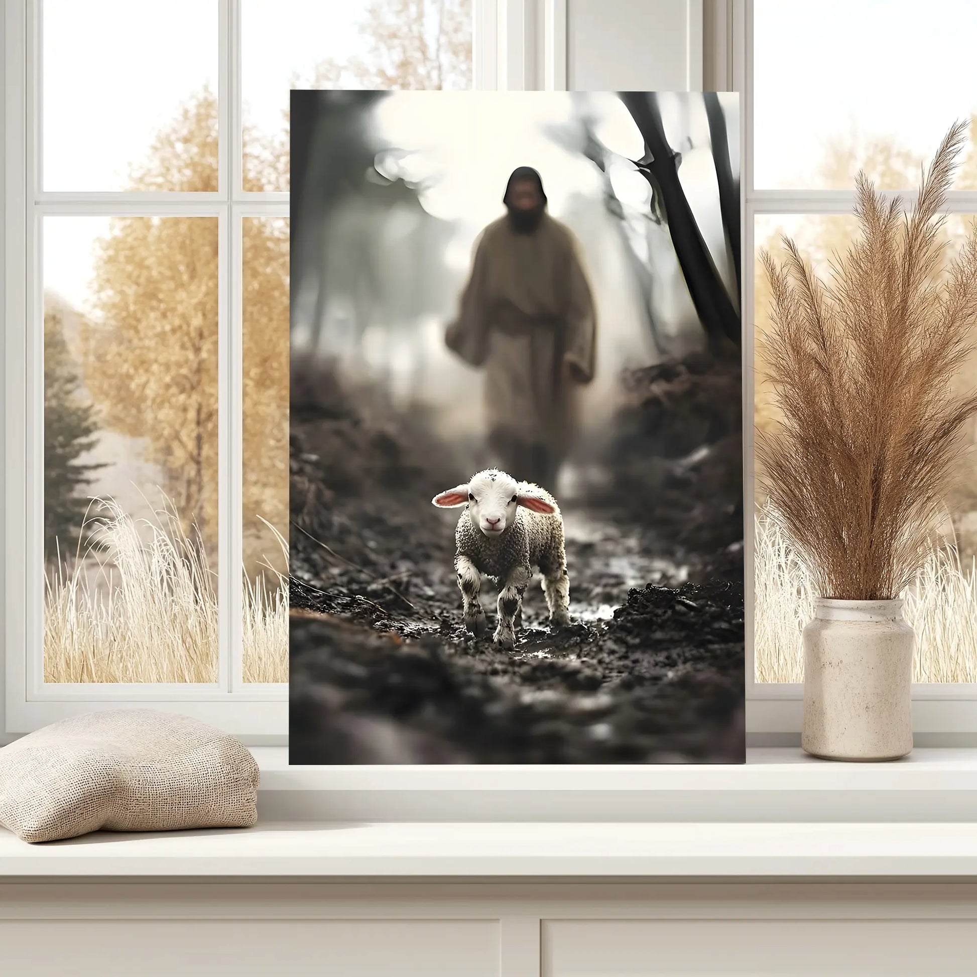 Biblical art print of Jesus pursuing a lost lamb by a bedroom window, adding tranquility and Christian inspiration to the room.