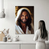 Christian art print of a smiling Jesus displayed in a bright kitchen, with a person gazing up, creating a peaceful and uplifting Christian ambiance.