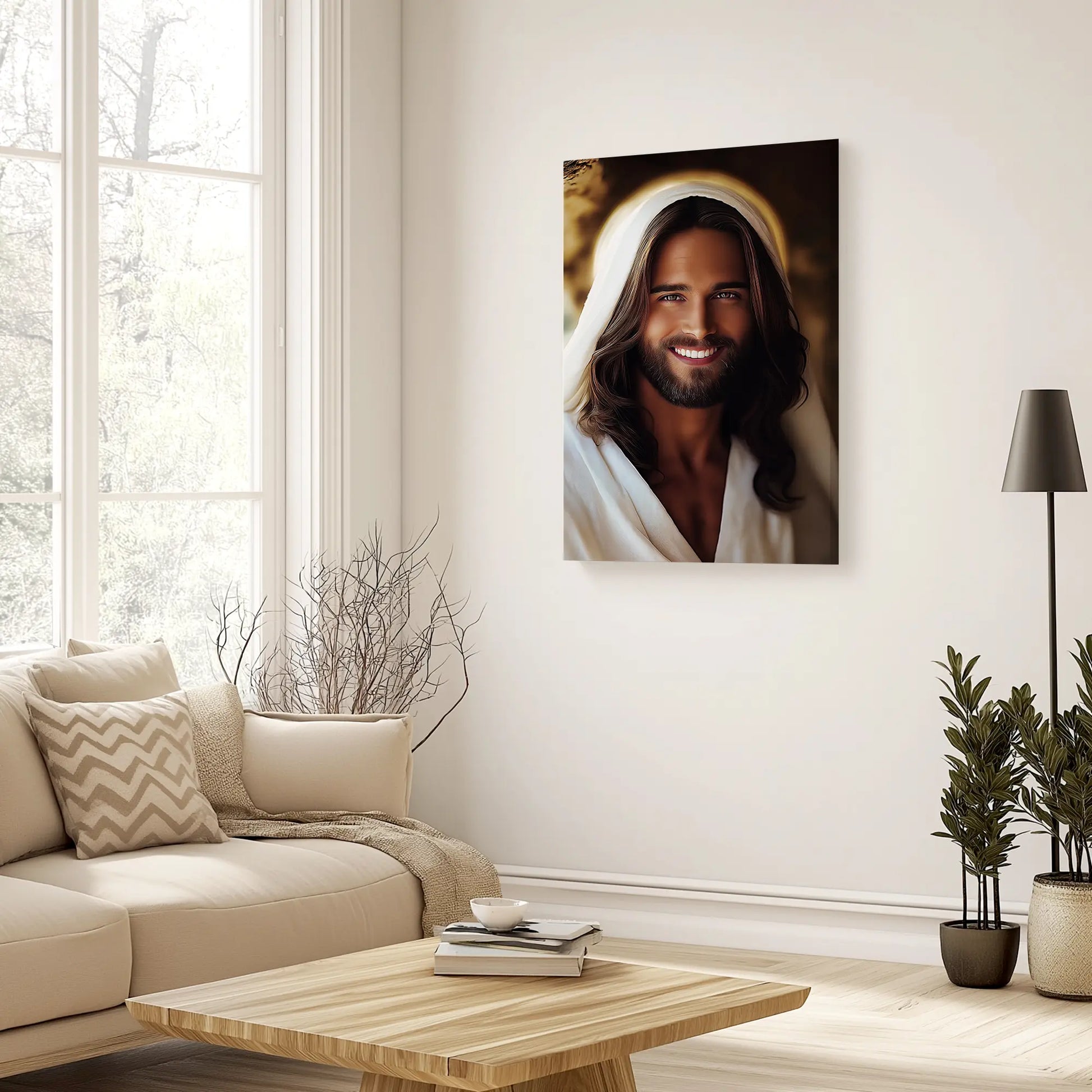 Catholic art print of a smiling Jesus portrait hanging in a cozy living room, filling the space with warmth, comfort, and faith.