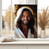 Biblical art print of a smiling Jesus leaned against a bedroom window, infusing the room with inspiration and calmness.