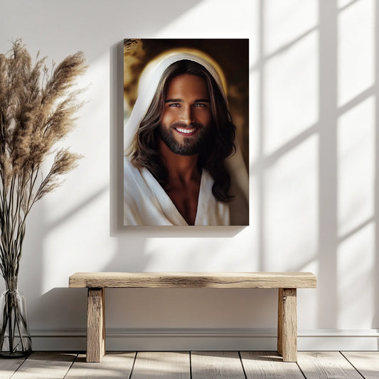 Religious art print of a smiling Jesus portrait above a rustic bench, enhancing the minimalist Christian decor with serenity and joy.