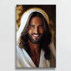 Christian wall decor featuring a smiling Jesus portrait on a white wall, adding a gentle touch of faith and joy to the room.