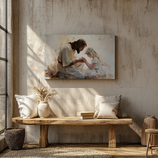 Christian framed artwork of Jesus holding hands with child in prayer, religious home decor.