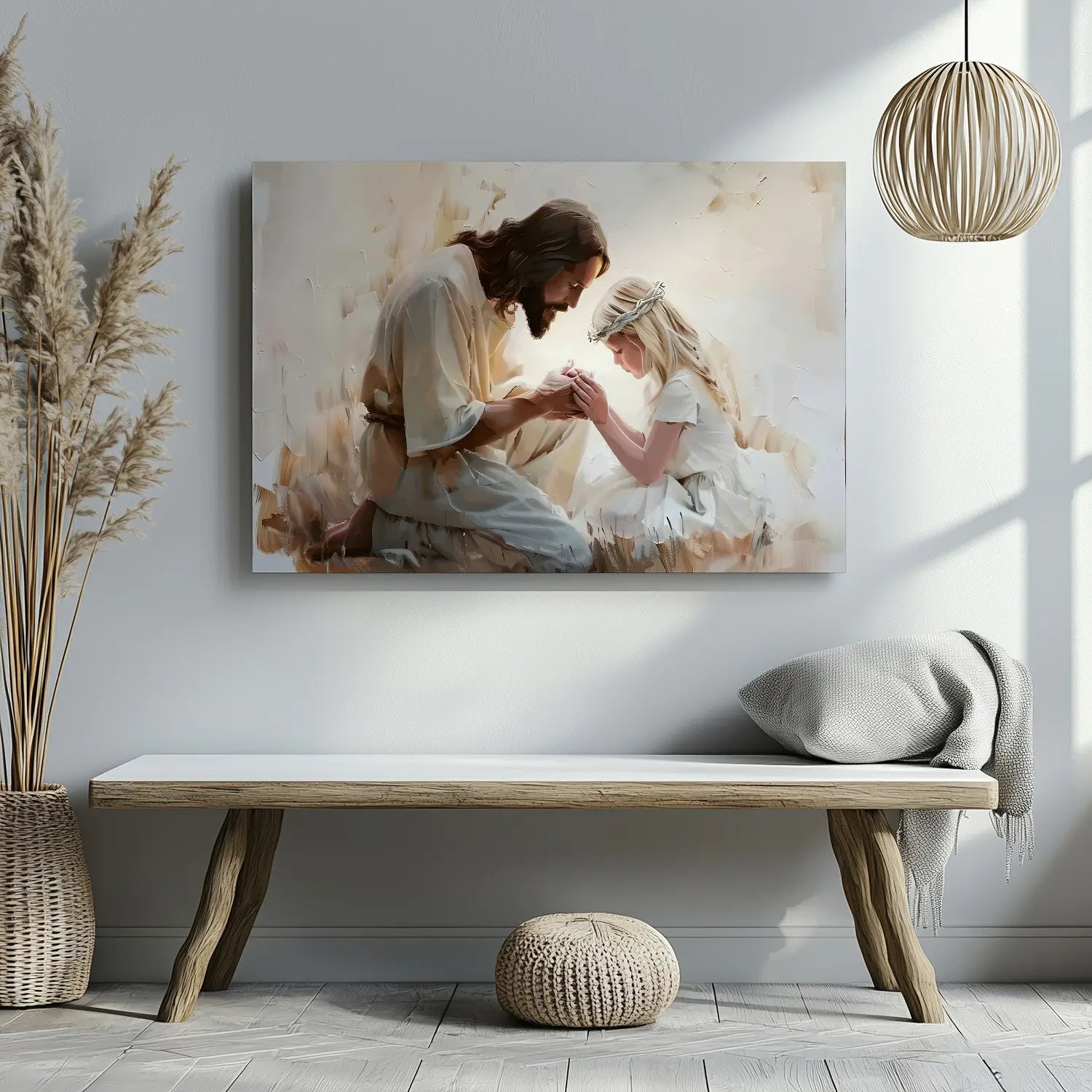 Christian wall art framed featuring Jesus and girl in heartfelt prayer, religious picture print.