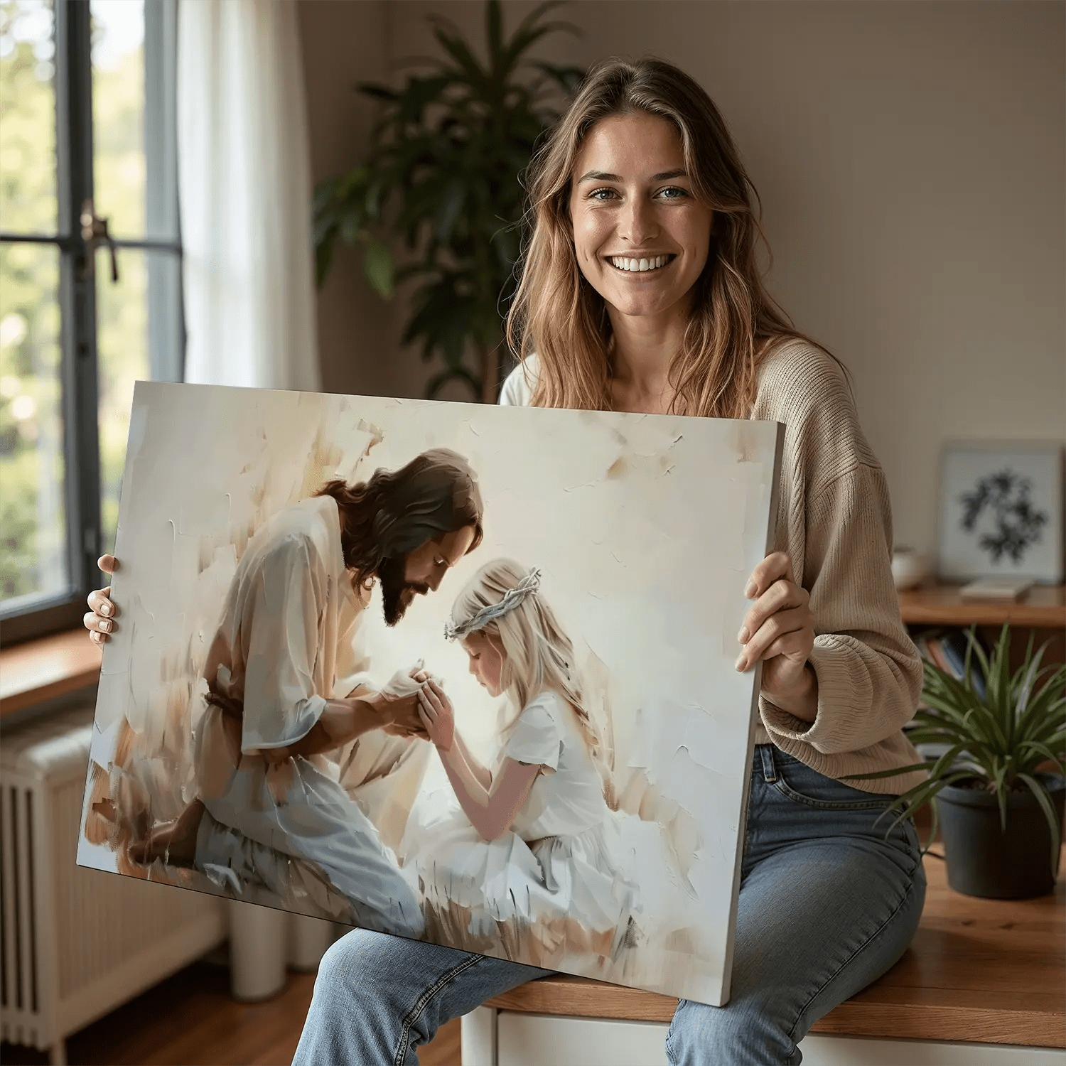 Religious canvas wall art featuring Jesus and young girl praying, inspirational Christian print