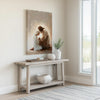 Modern Christian art of Jesus praying with a little girl in a minimalist entryway above a neutral console table, enhancing the welcoming ambiance.