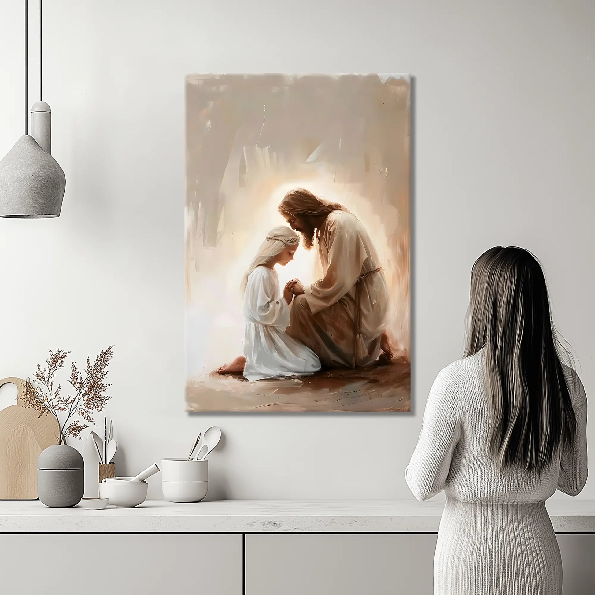 Christian art print of Jesus praying with a little girl in a kitchen, enhancing the space with inspiration and Christian kitchen decor.