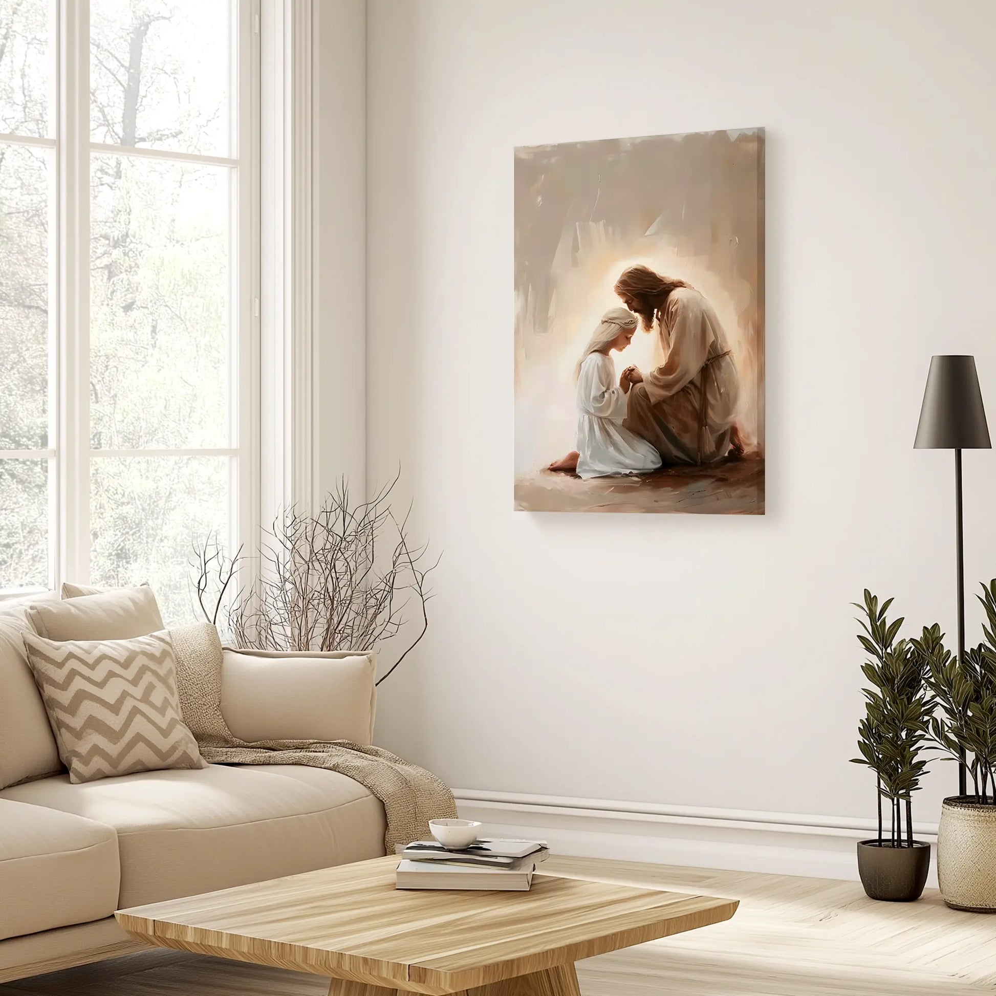 Religious framed artwork of Jesus comforting a praying child, sacred heart of Jesus framed picture, Christian wall prints, framed pictures of Jesus, Christian artwork for home, faith print.