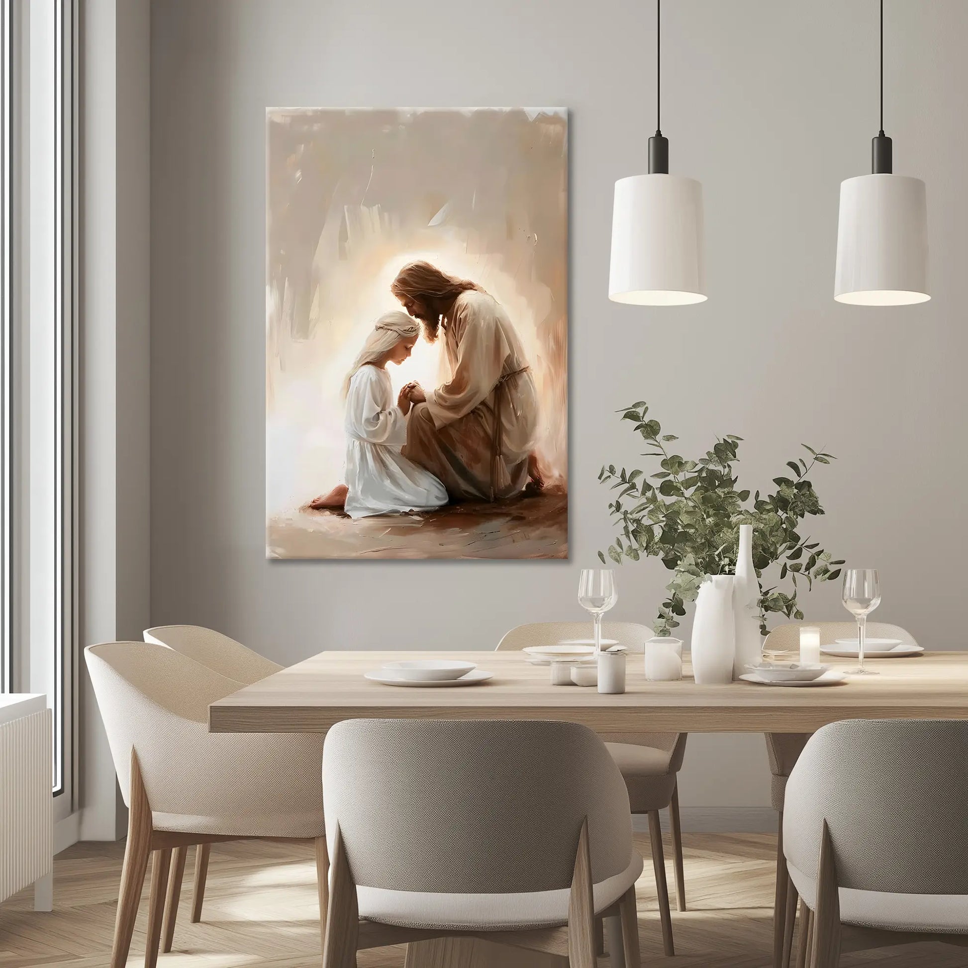 Jesus Christ gift featuring a child praying with Him, religious canvas art, Christian framed artwork, modern Christian art prints, faith artwork, religious wall hangings.