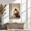 Christian art print of Jesus praying with a little girl hung above a rustic bench, enhancing the minimalist Christian decor.