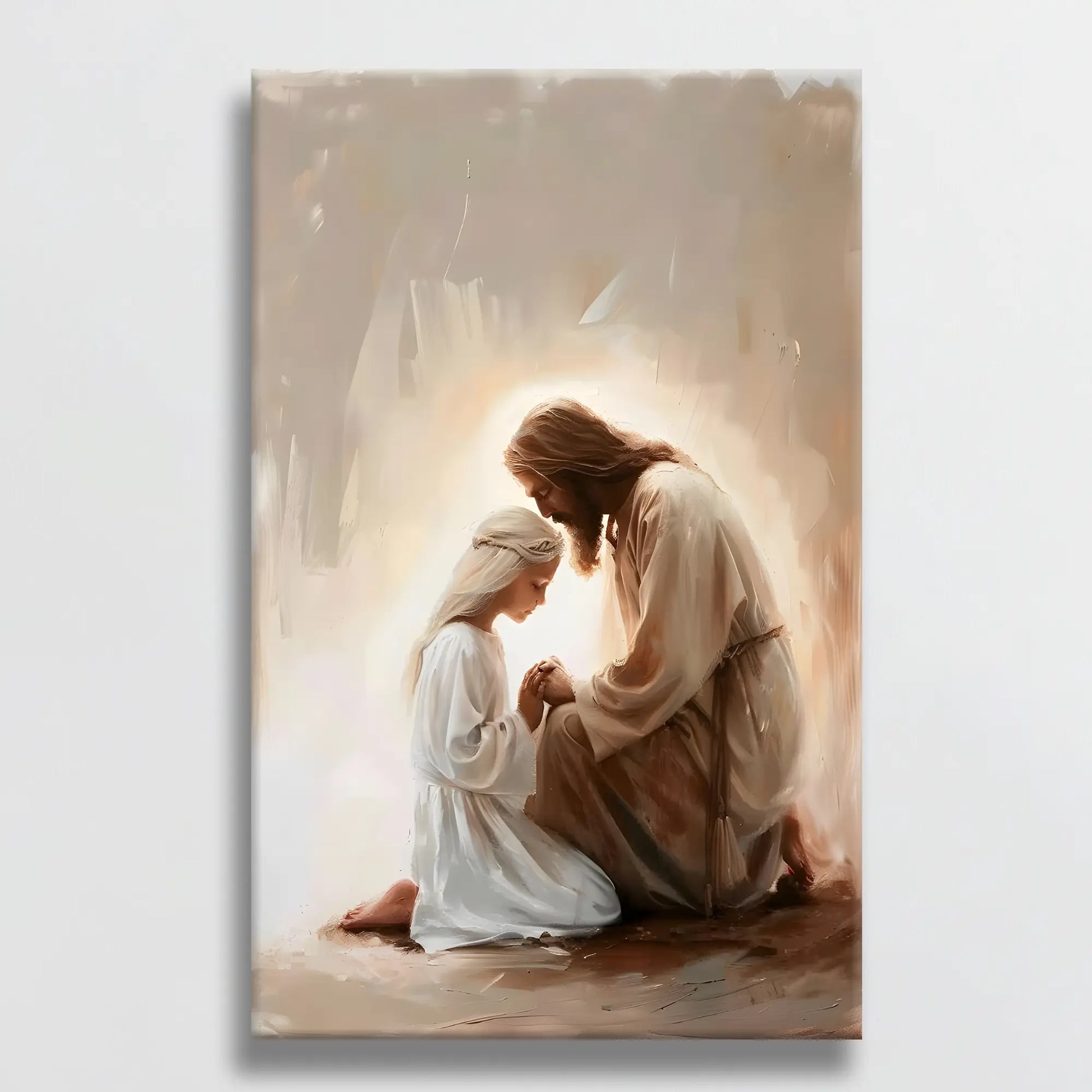 Christian wall decor featuring Jesus praying with a little girl hung on a white wall, adding a touch of faith and serenity to the room.