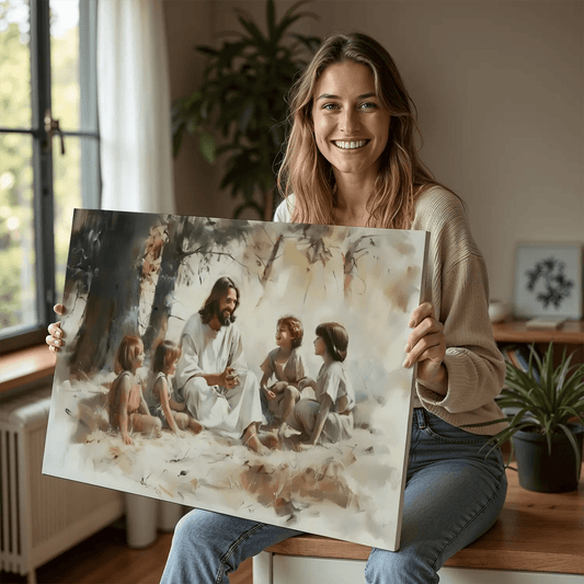 Beautiful Jesus with children painting, Christian framed wall art, faith-based home decoration.