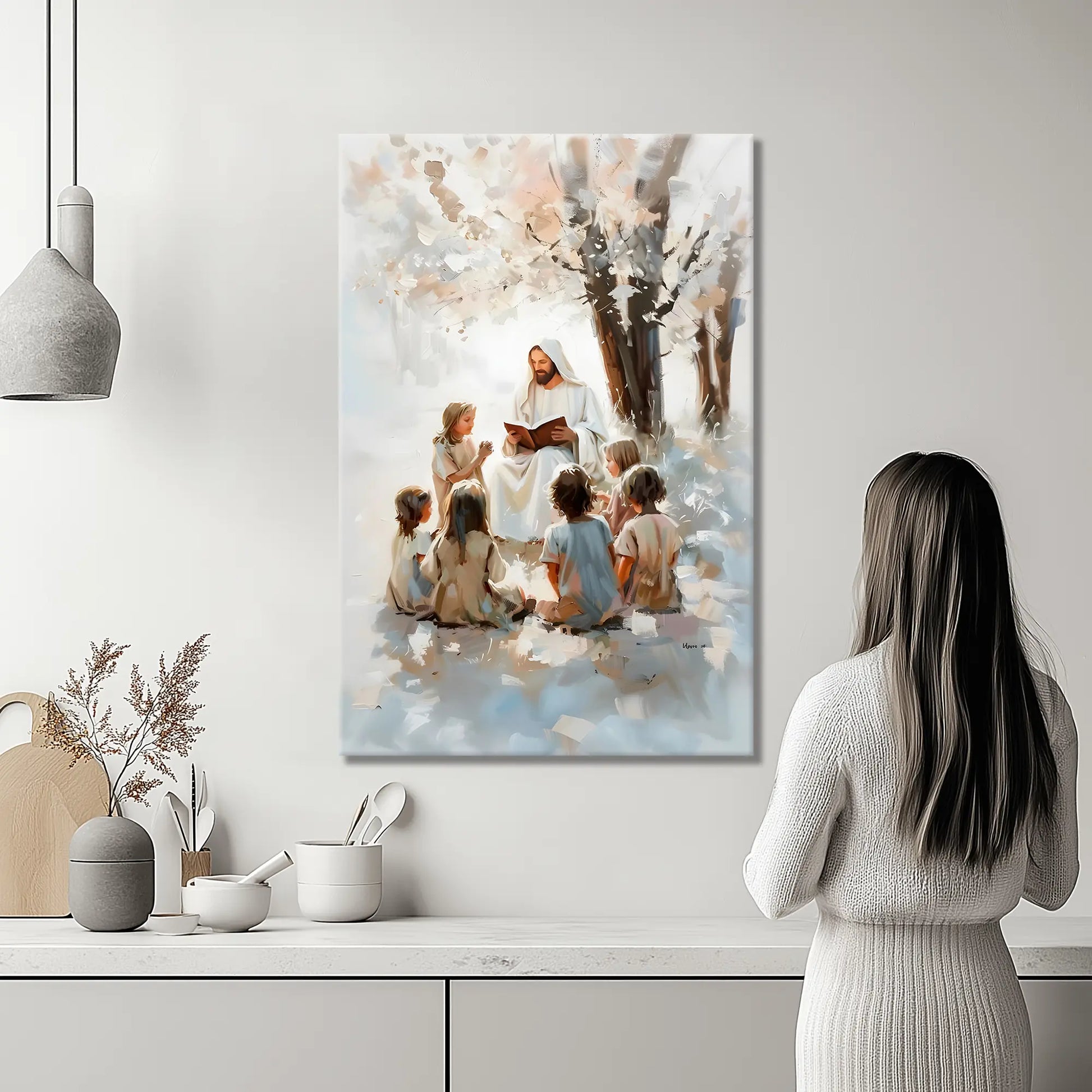 Christian art print of Jesus teaching the children showcased in a kitchen, brightening the space with inspiration and Christian decor.