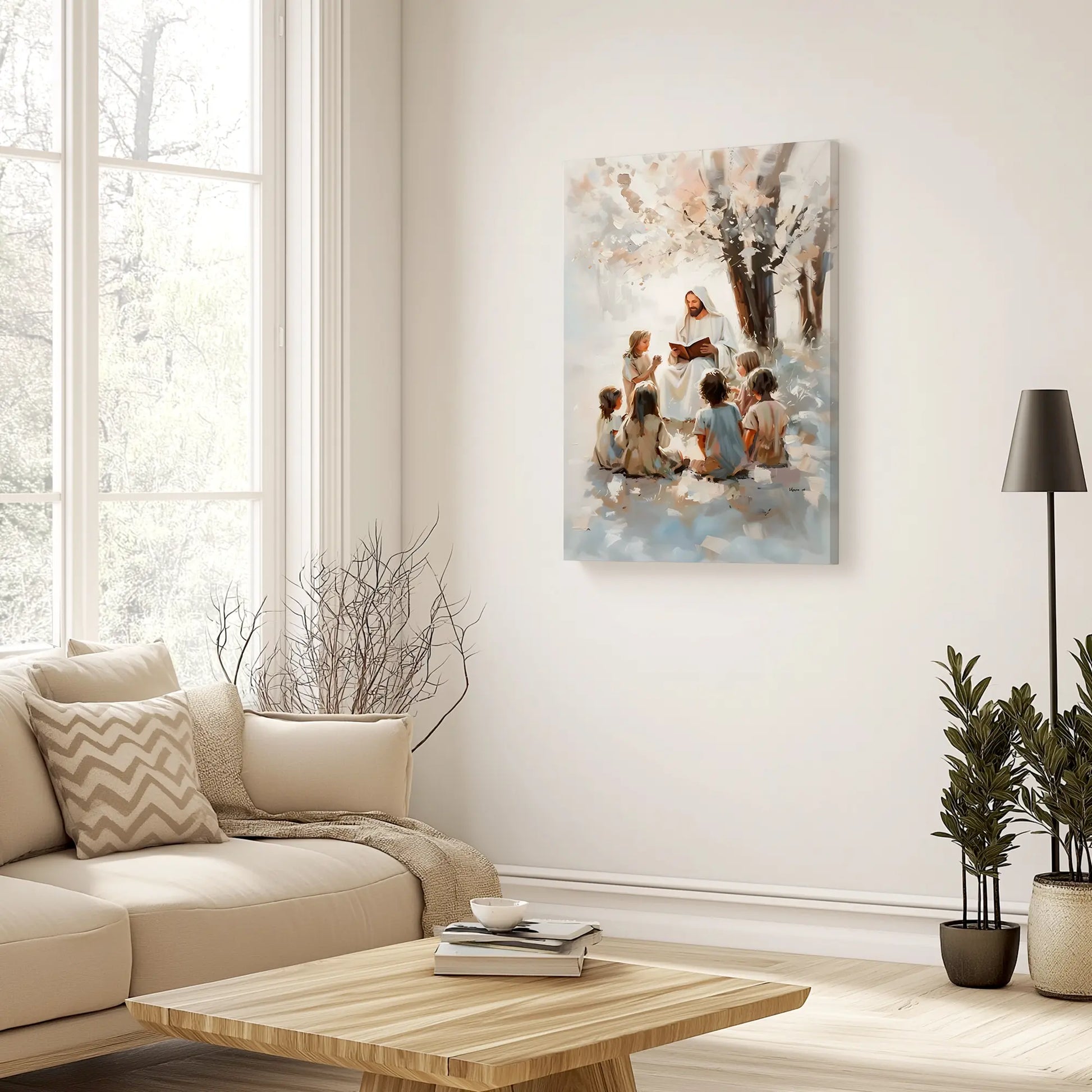 Religious wall art of Jesus teaching the children hanging in a cozy living room, infusing the space with love and spiritual warmth.