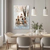 Modern Christian art of Jesus teaching the children hanging in a minimalist dining room, complementing the decor with warmth and faith.