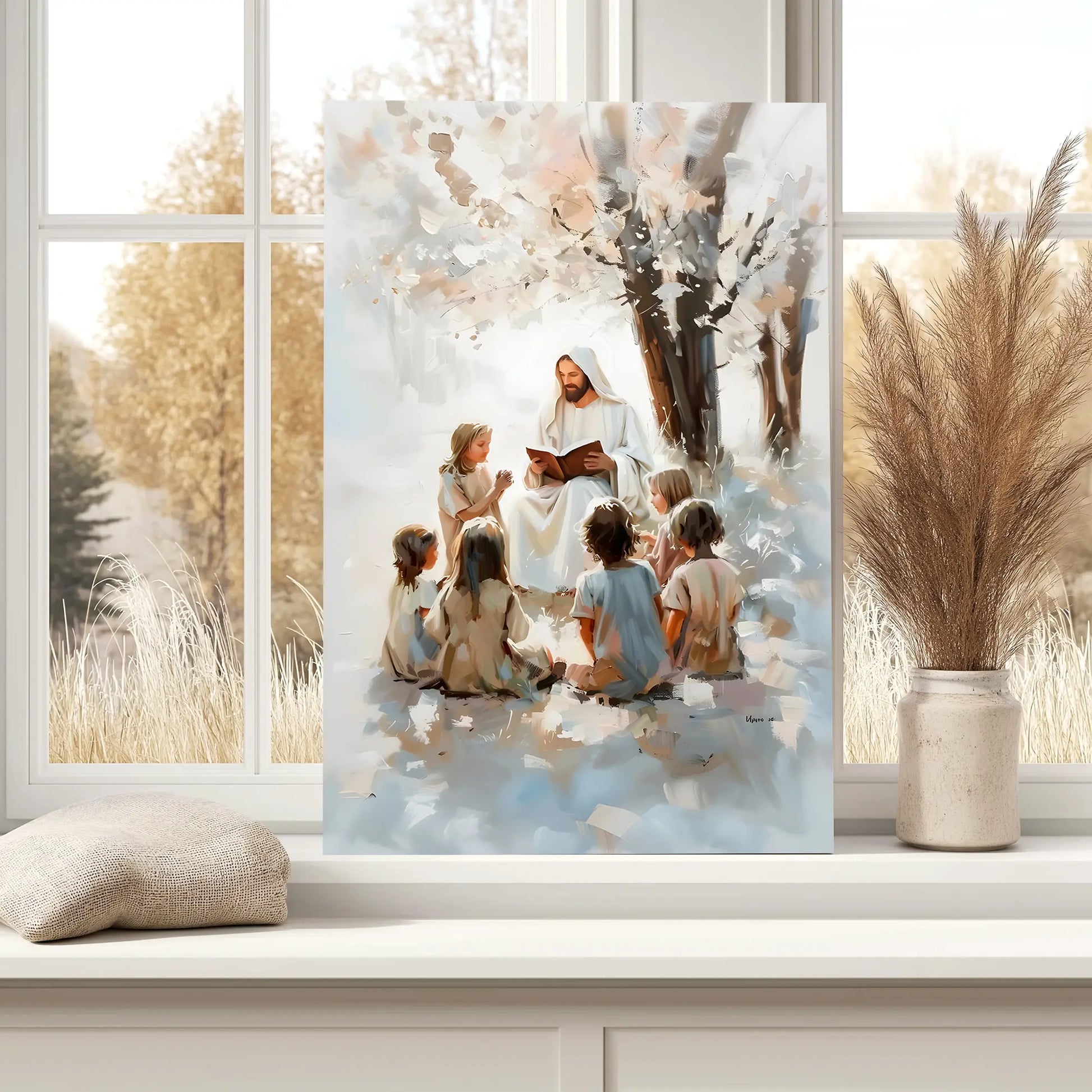 Biblical art print of Jesus teaching the children leaned against a bedroom window, bringing a sense of peace and inspiration to the decor.