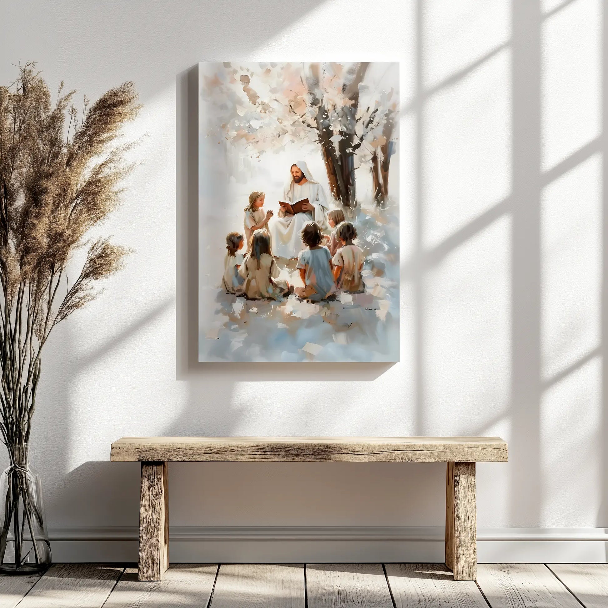 Inspirational art print of Jesus teaching the children hung above a rustic wooden bench, enhancing the minimalist Christian decor.