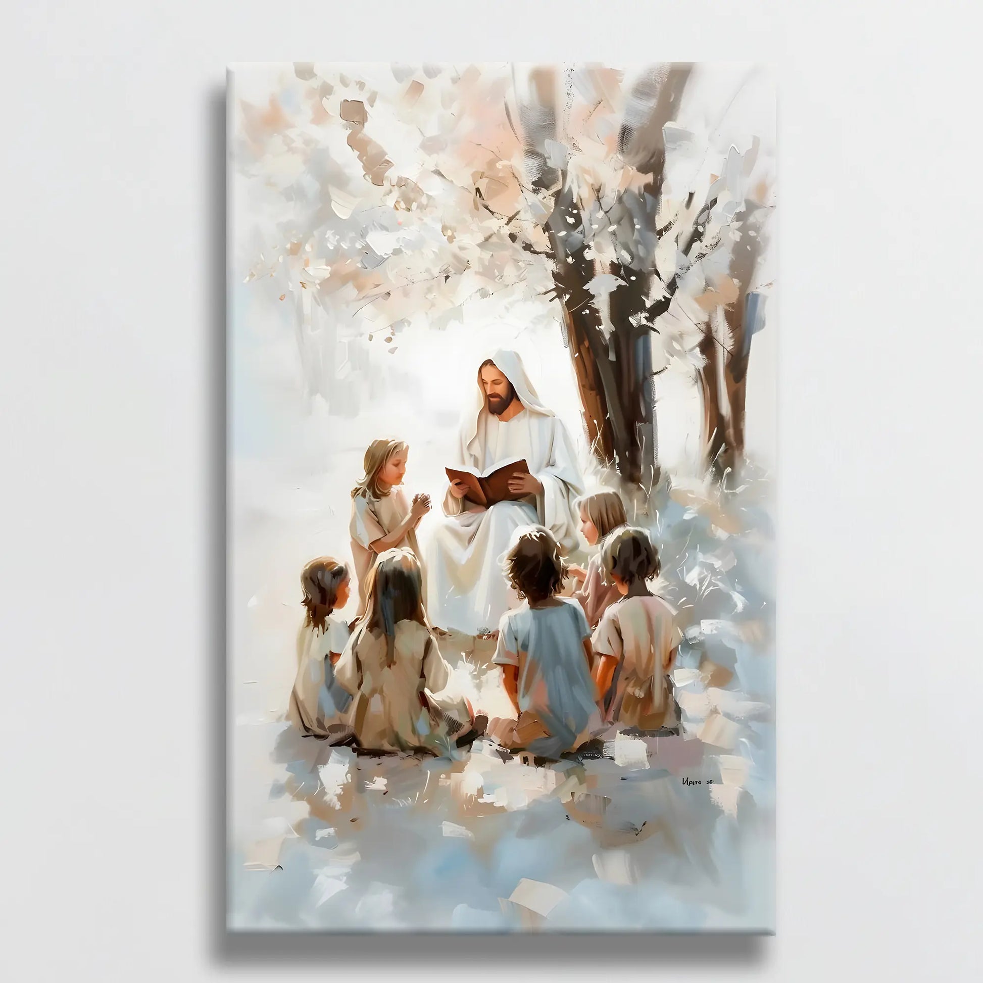 Christian wall decor featuring Jesus teaching the children hung on a white wall, adding a touch of faith and serenity to the room.