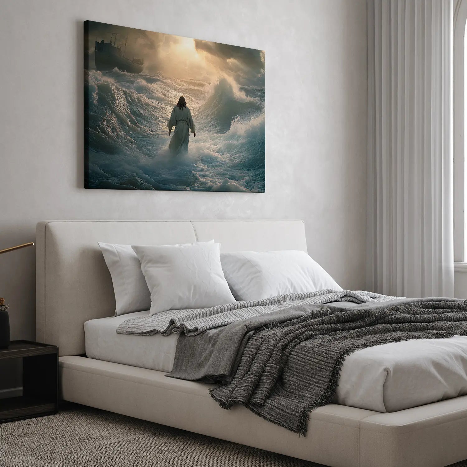 Christian wall art featuring Moses parting the Red Sea displayed above the bed, creating a serene and inspirational atmosphere in the bedroom.