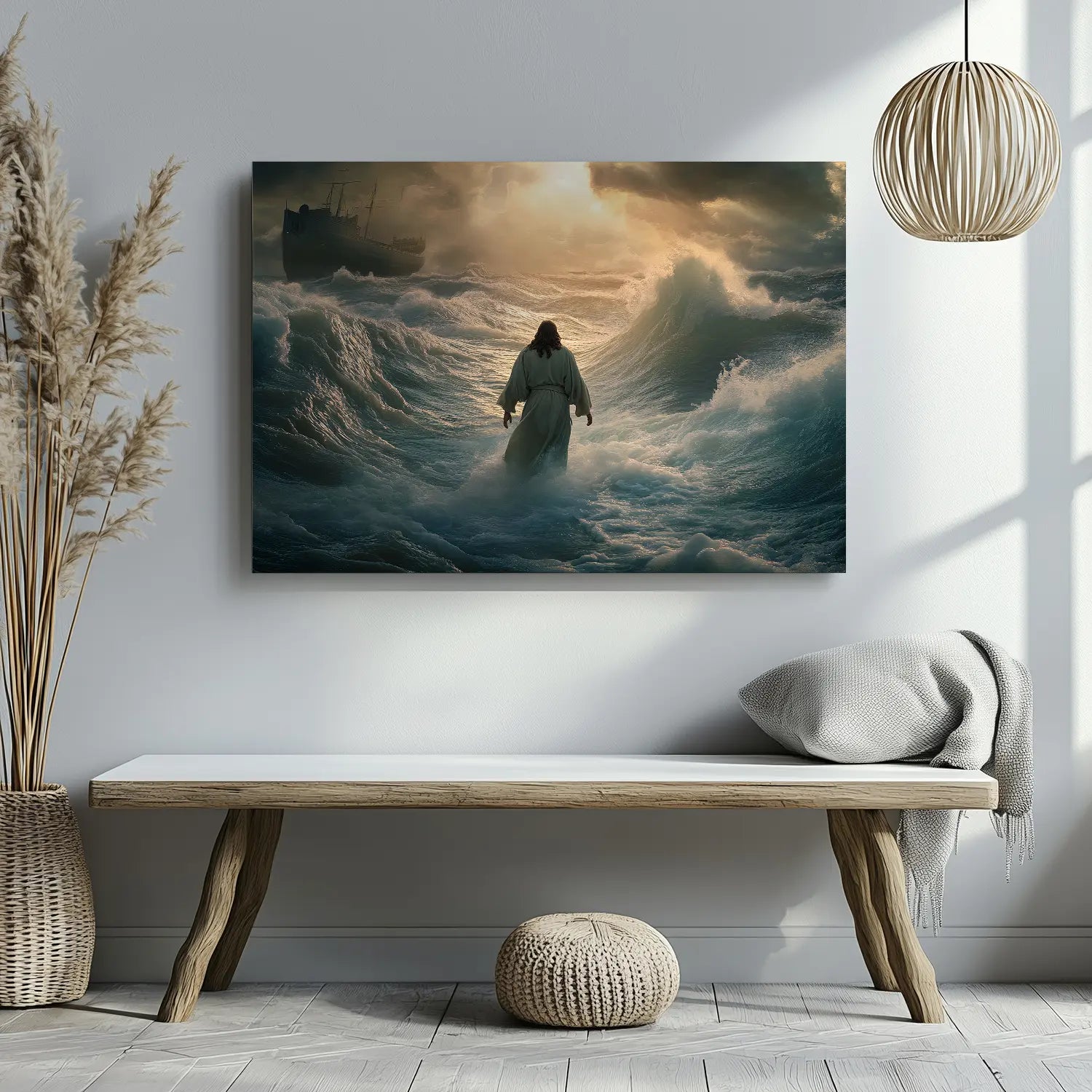 Inspiring Jesus calming the storm painting, faith canvas wall art, religious framed artwork.