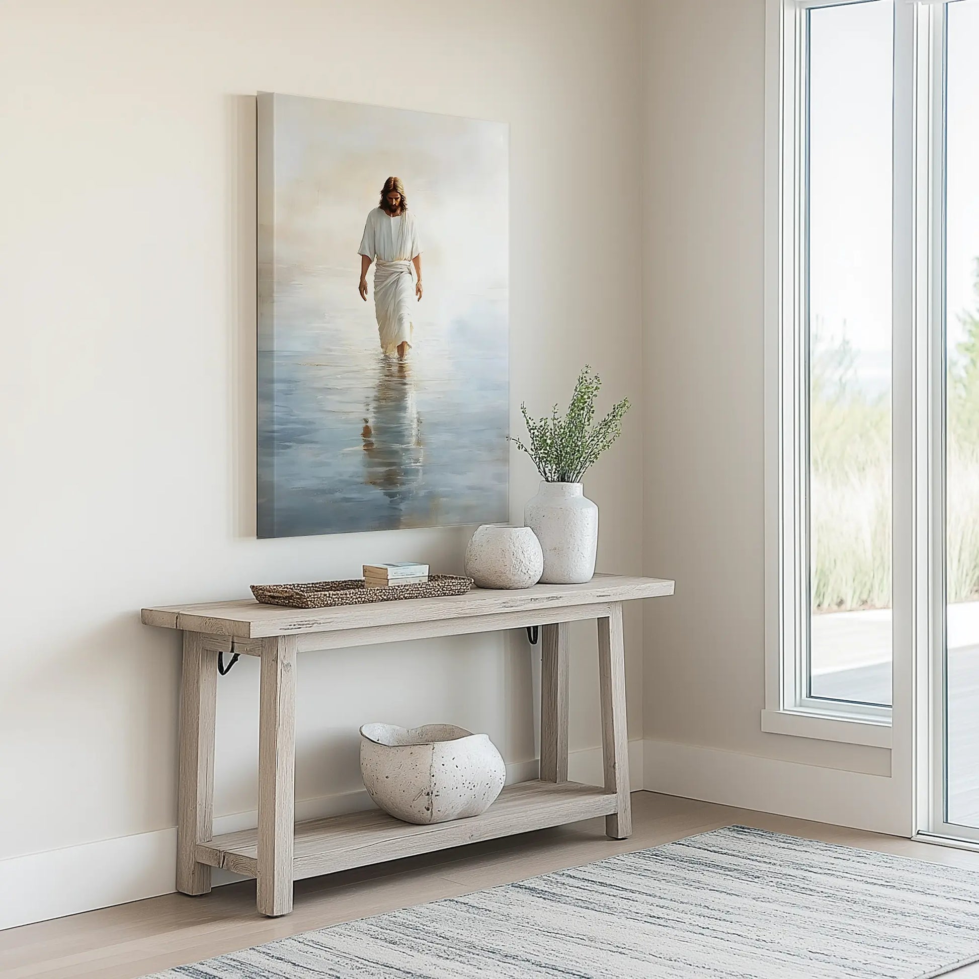 Christian wall art of Jesus walking on water displayed in a minimalist entryway, enhancing the welcoming atmosphere with faith.